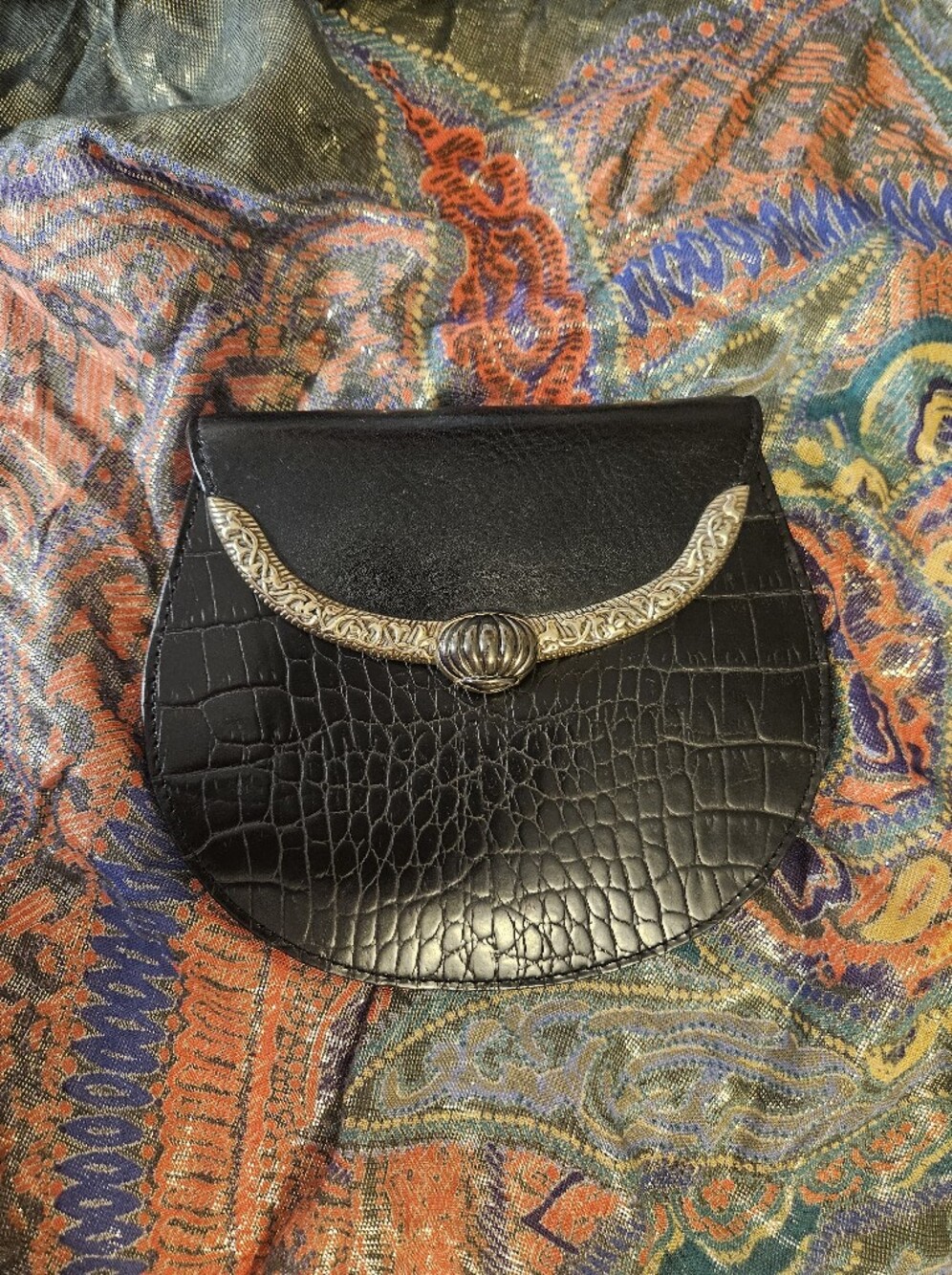 Vintage Brighton Black Crocodile Print Leather Clutch Pouch Western